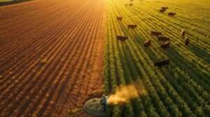 Before-and-after transformation using rye grass seed: bare clay to lush 8-ton pasture in 58 days with grazing cattle.
