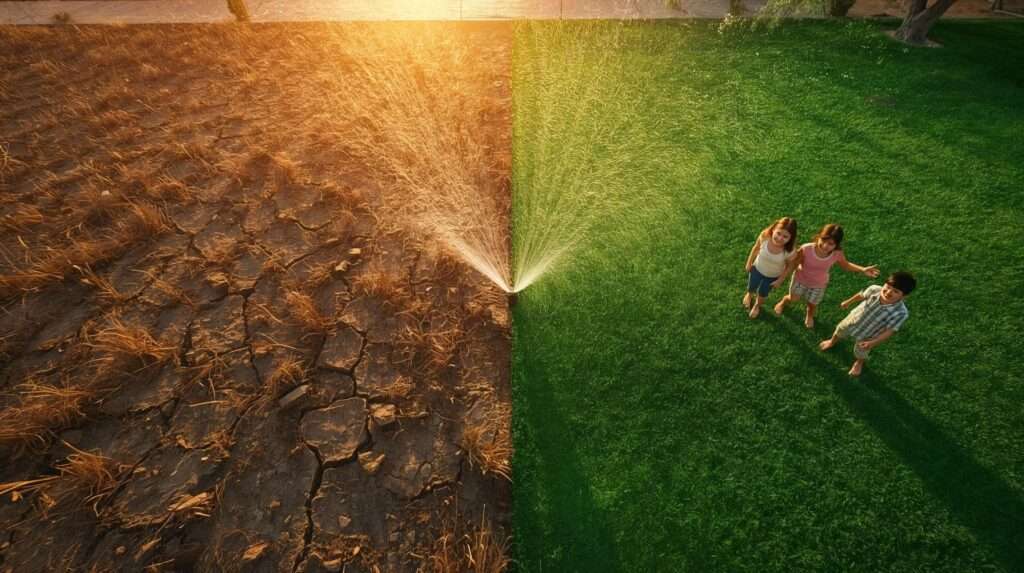Before-and-after split of dead lawn vs lush drought tolerant grass staying green with zero water in extreme heat.