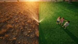 Before-and-after split of dead lawn vs lush drought tolerant grass staying green with zero water in extreme heat.