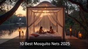 Luxurious best mosquito net over king bed at tropical glamping site at sunset – 2025 expert guide featured image.