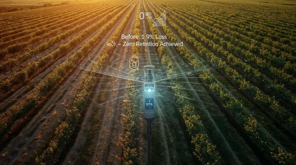 Aerial view of almond orchard achieving zero retention irrigation with subsurface drip, soil sensors, and split before-after showing 0% water loss and thriving crops.