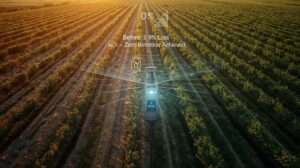 Aerial view of almond orchard achieving zero retention irrigation with subsurface drip, soil sensors, and split before-after showing 0% water loss and thriving crops.