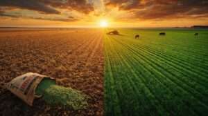 Before-and-after Texas lawn transformation using the best grass seed in Texas—dead rye vs lush TifTuf, Zeon, and buffalograss under extreme heat.