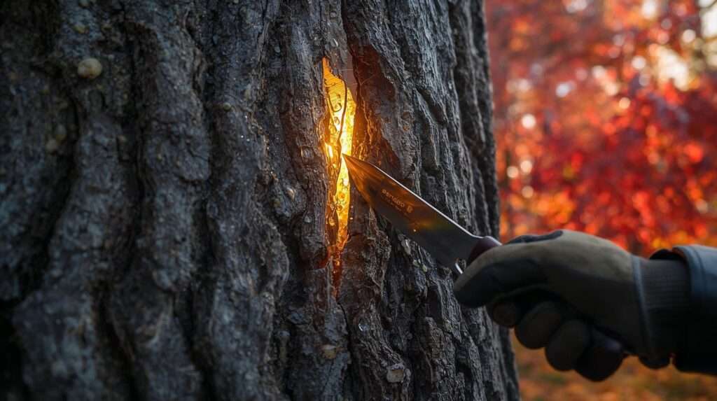 Close-up of bark on maple trees showing frost crack with healthy green cambium and sap, diagnosed by arborist for recovery.