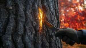 Close-up of bark on maple trees showing frost crack with healthy green cambium and sap, diagnosed by arborist for recovery.