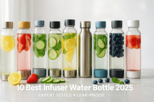 Best infuser water bottle 2025 – vibrant lineup of fruit-infused water bottles on marble with lemons, strawberries, and mint, expert guide featured image.