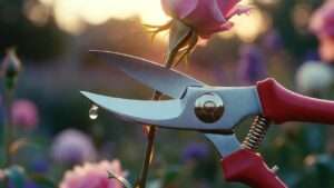 Premium red-handled Felco F-2 best flower shears making a perfect clean bypass cut through a pink rose stem at golden hour with suspended water droplet and dreamy cottage garden bokeh background – featured image for 10 Best Flower Shears of 2025 buying guide.