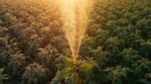 Aerial view of tomato field transformed by green leaves therapy with vibrant green foliage, foliar spray mist, and healthy crop recovery.