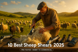 Best sheep shears 2025 – professional shepherd shearing flock on farm with top-rated electric clippers, expert guide featured image.