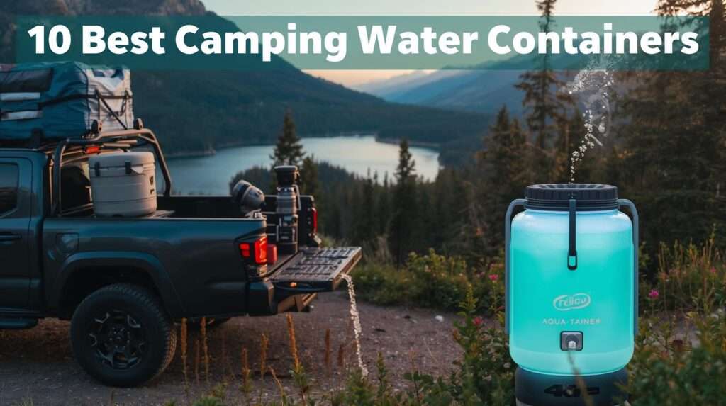 Best camping water container—Reliance Aqua-Tainer pouring fresh water at sunrise camp beside alpine lake.