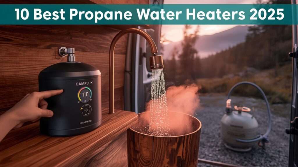 Best propane water heater—Camplux 5L delivering steaming shower inside a sunset-lit van.