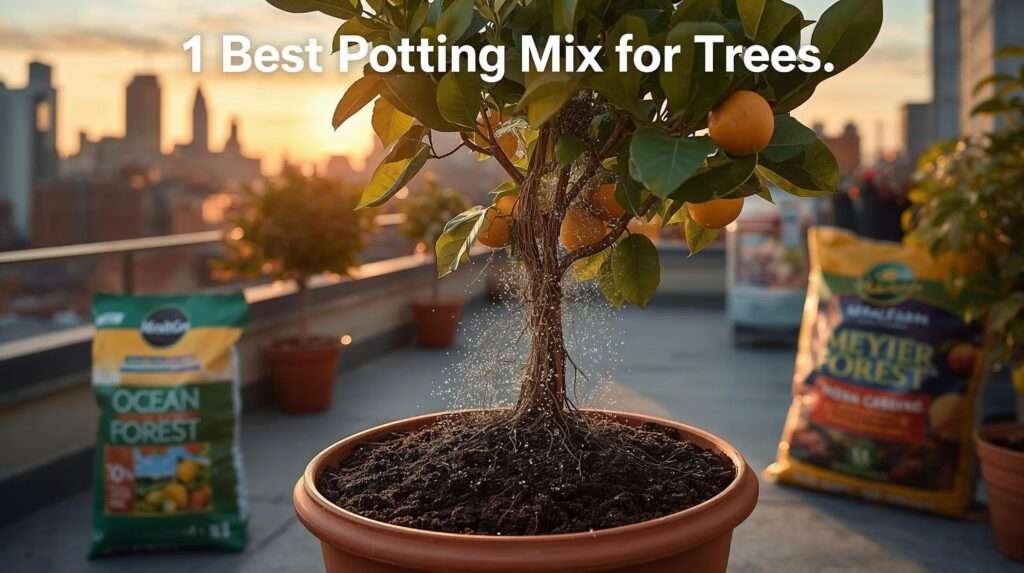 Best potting mix for trees—FoxFarm Ocean Forest fueling a thriving potted lemon tree at golden-hour rooftop garden.