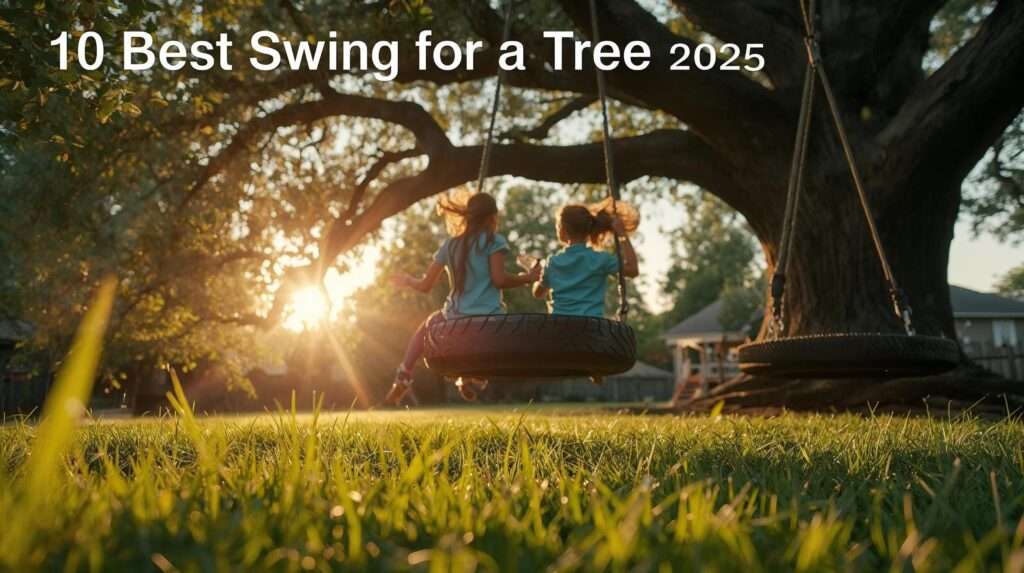 Best swing for a tree—Backyard Discovery tire swing with laughing kids under golden-hour oak.