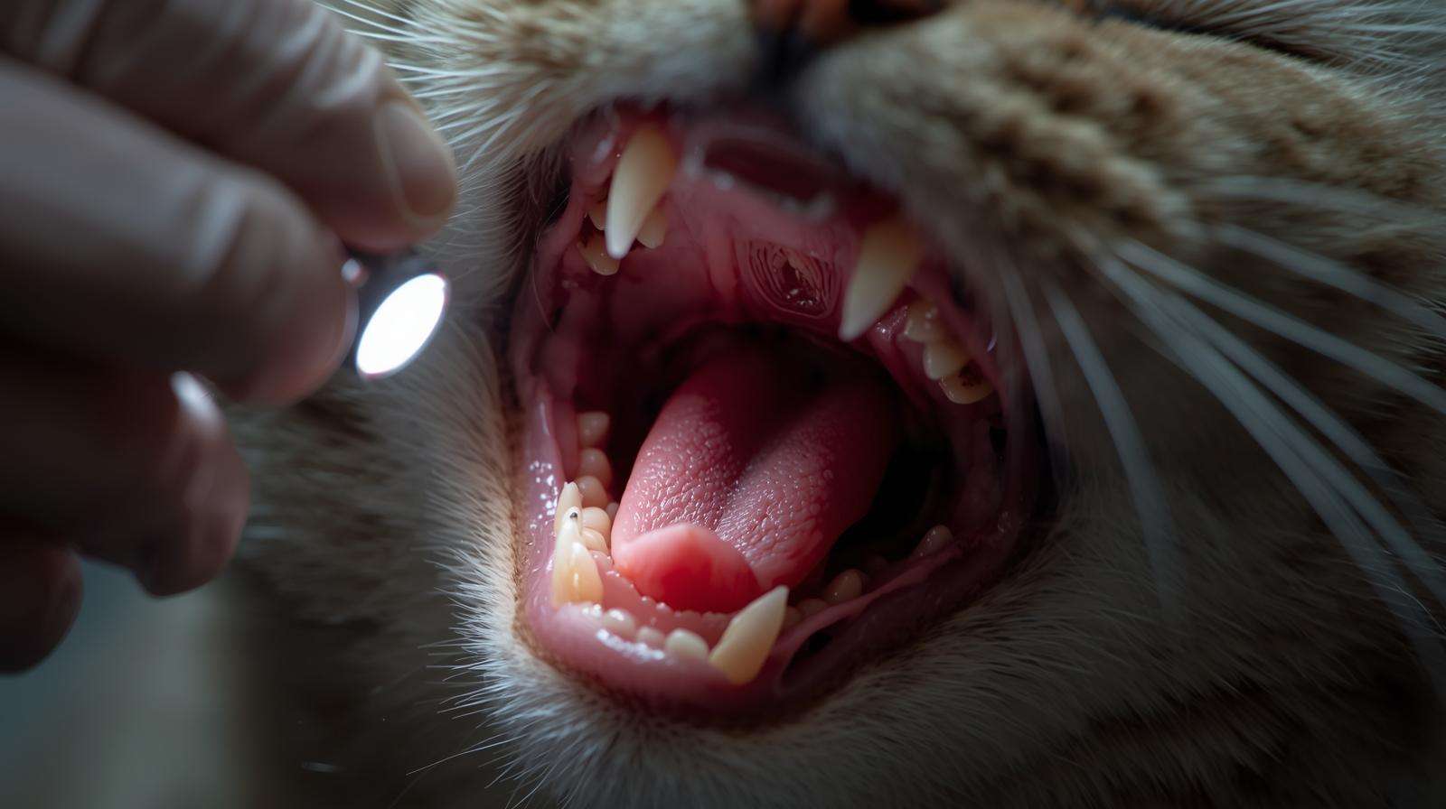Healthy cat mouth exam showing normal gums during plant ingestion check.