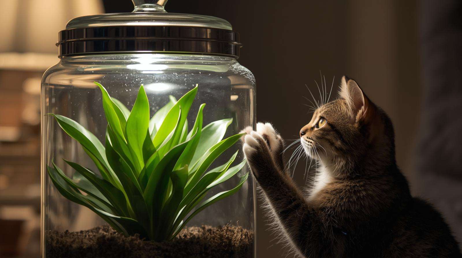 Locked glass terrarium protecting prayer plant from cat access.