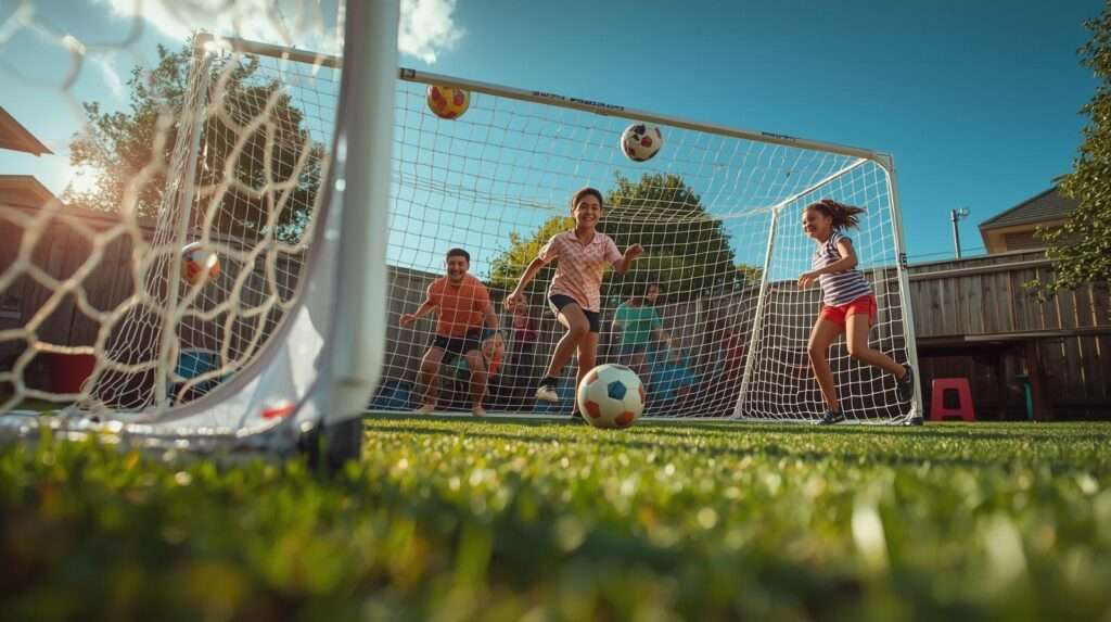 Children and parents playing soccer in backyard with one of the best soccer nets of 2025, portable pop-up goal filled with balls on sunny day