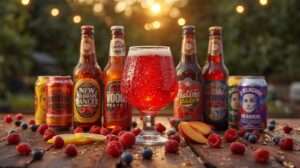 Golden-hour patio table with the best fruit beers of 2025 — raspberry lambic, peach saison, mango ale & more with fresh fruit garnish – featured image for “10 Best Fruit Beers of 2025” buying guide.