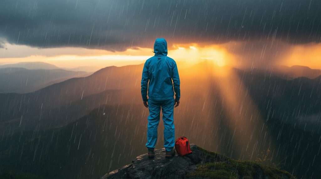 Hiker in bright blue best lightweight rain suit staying completely dry in heavy mountain downpour at golden hour, with tiny packed stuff-sack in foreground – featured image for “10 Best Lightweight Rain Suit of 2025” buying guide.
