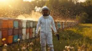 Beekeeper in one of the best bee suits of 2025 safely inspecting hives with full sting protection and ventilation
