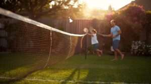 Family playing badminton at golden hour with perfect regulation best badminton net in lush backyard – featured image for “10 Best Badminton Nets of 2025” buying guide.