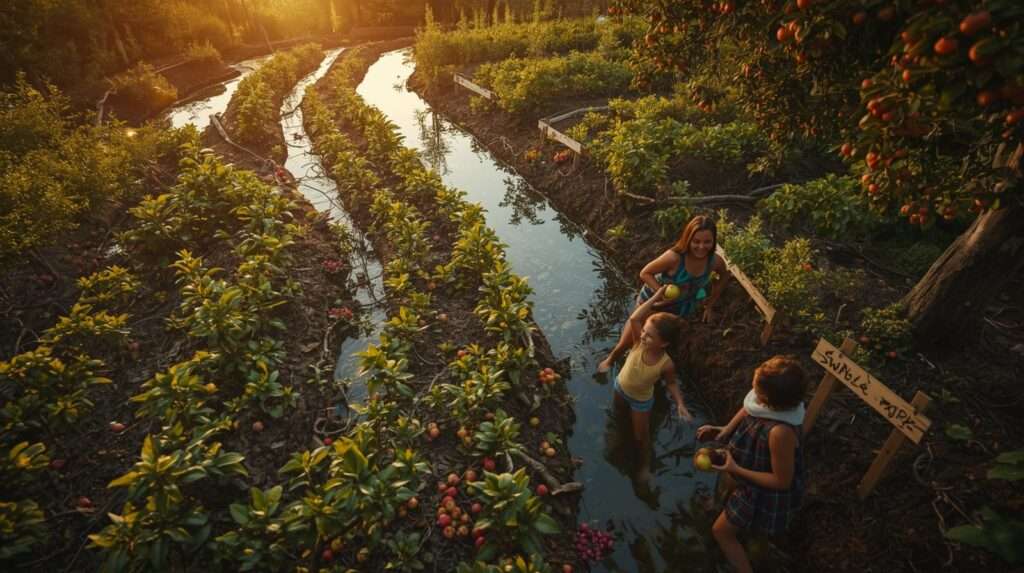 Lush, water-harvesting swale park food forest with contoured swales, fruit trees, and abundant harvest in full golden-hour glory.