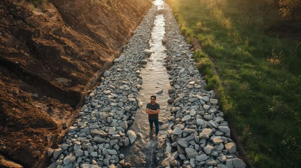 Before-and-after hillside saved by a stunning rock swale — stops erosion instantly, zero maintenance, crystal-clear water flow.