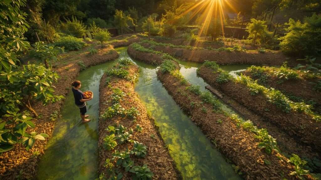 Lush swale garden food forest with crystal-clear rainwater harvesting, fruit trees, and zero-irrigation abundance at golden hour.