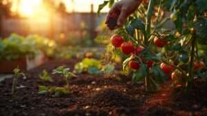 Gardener applying the best soil fertilizer for vegetables to a thriving backyard garden at golden hour – featured image for “10 Best Soil Fertilizer for Vegetables of 2025” buying guide.