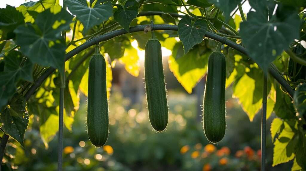 Perfect spacing of 3 cucumber plants on a cattle-panel trellis — how many cucumbers per trellis for maximum clean yield and easy harvest.
