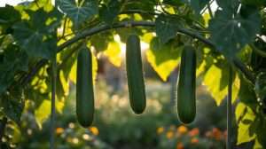 Perfect spacing of 3 cucumber plants on a cattle-panel trellis — how many cucumbers per trellis for maximum clean yield and easy harvest.
