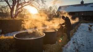 Black rubber tubs staying unfrozen in winter with warm refills and ground heat — no-electricity winter water hacks keeping livestock hydrated in deep cold.