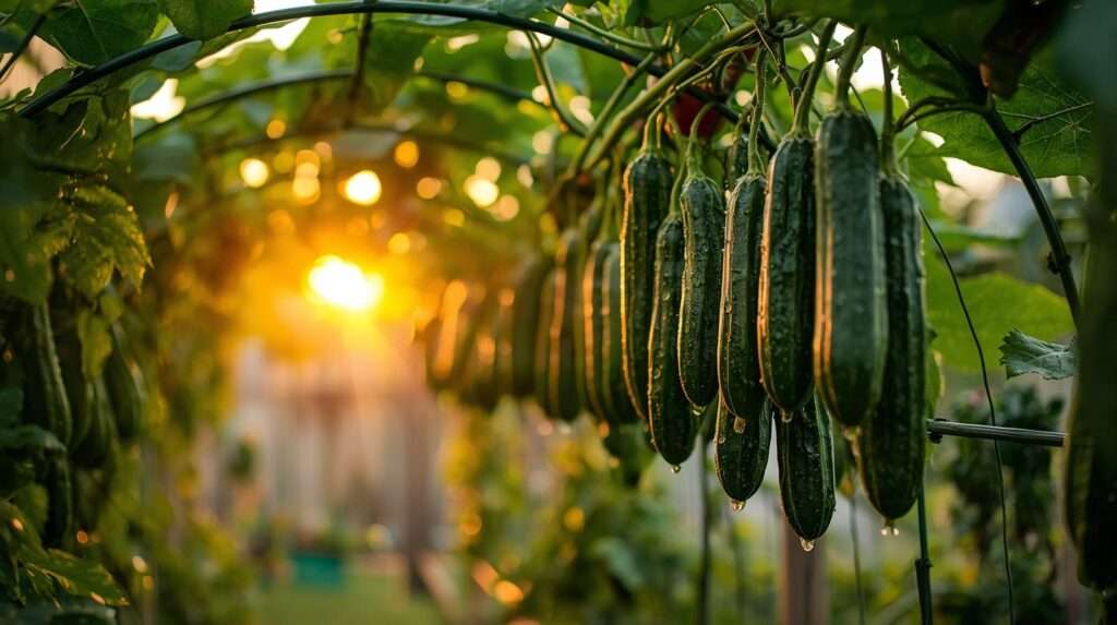 Healthy cucumbers perfectly trained to climb a trellis — training cucumbers to climb for bigger yields, cleaner fruit, and zero disease in a beautiful garden.