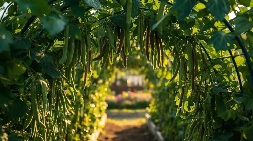 Vibrant pea and bean vines climbing a cattle-panel trellis — trellises for peas and beans delivering maximum yield, clean pods, and easy harvesting in a lush garden.