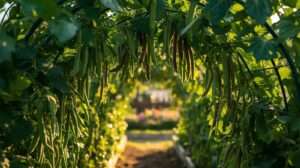 Vibrant pea and bean vines climbing a cattle-panel trellis — trellises for peas and beans delivering maximum yield, clean pods, and easy harvesting in a lush garden.