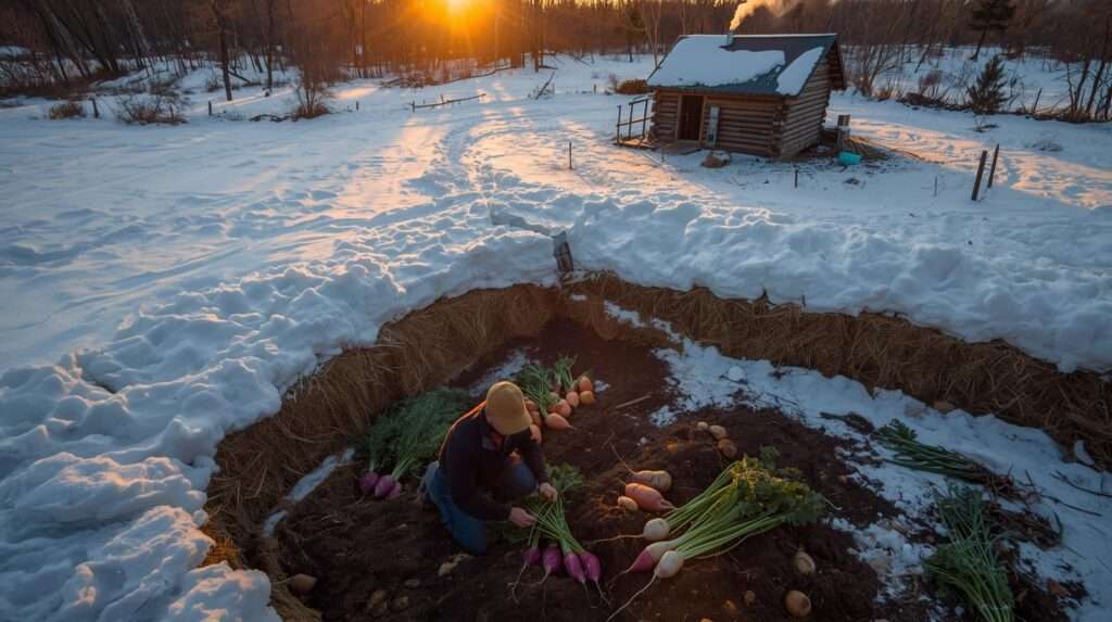 Trash-can mini root cellar and in-ground storage bed in winter — root cellars and in-ground storage keeping vegetables fresh and crisp without electricity.