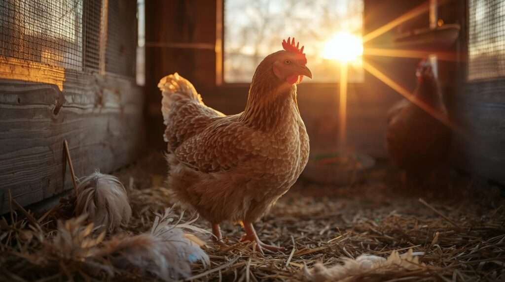 Hen in natural molting phase with pin feathers emerging — feather loss vs molting shown clearly in a healthy backyard chicken coop.