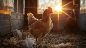 Hen in natural molting phase with pin feathers emerging — feather loss vs molting shown clearly in a healthy backyard chicken coop.