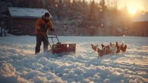 Chicken keeper clearing snow from outdoor run with the best snow management tools during a beautiful US winter, keeping the flock safe and active – featured image for “Best Snow Management Tools for Outdoor Chicken Runs in US Cold Regions – 2026