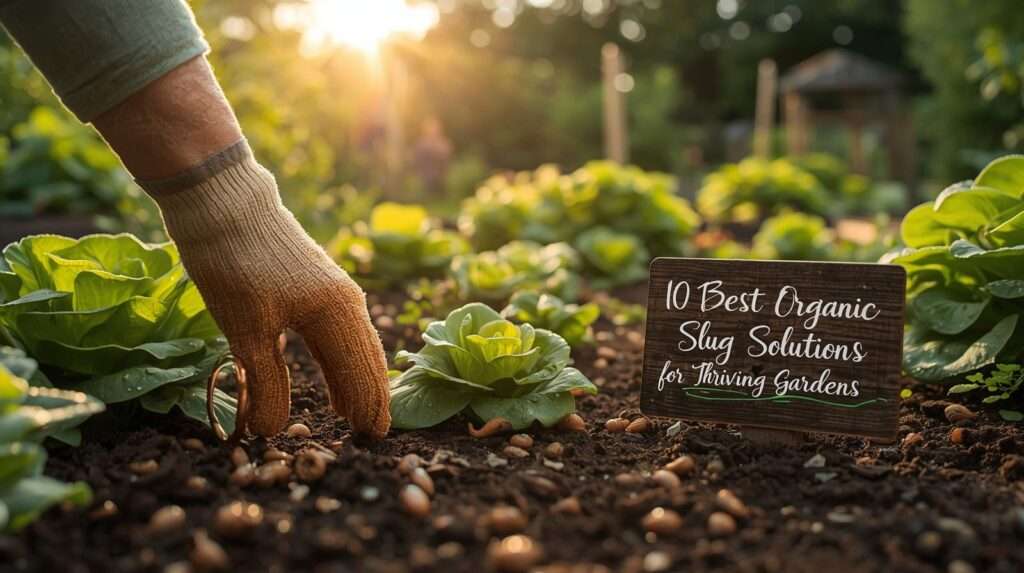 Gardener applying the best organic slug solutions in a thriving US garden with copper rings, diatomaceous earth, and Sluggo Plus – featured image for “10 Best Organic Slug Solutions of 2026” guide.