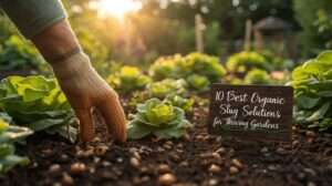 Gardener applying the best organic slug solutions in a thriving US garden with copper rings, diatomaceous earth, and Sluggo Plus – featured image for “10 Best Organic Slug Solutions of 2026” guide.