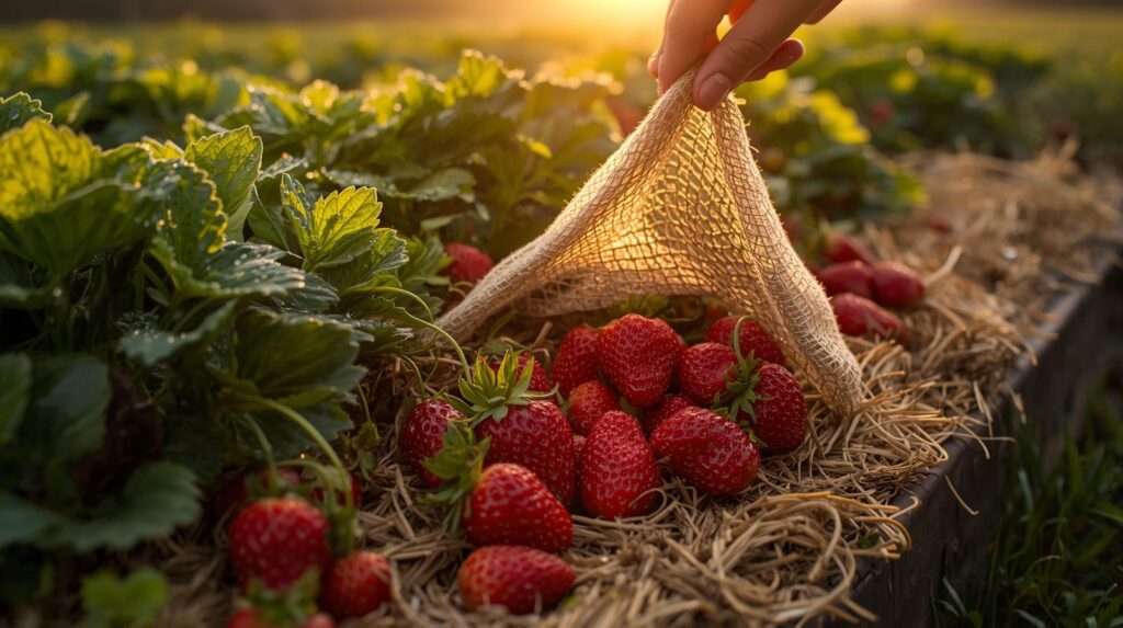 Lush raised-bed strawberries protected from slugs and birds with clean mulch and netting — protecting strawberries from slugs and birds for perfect, high-yield harvest.