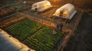 Young couple starting a farm on a tight budget with leased land, hoop houses, and simple infrastructure — realistic low-cost homestead setup for debt-free farming success.