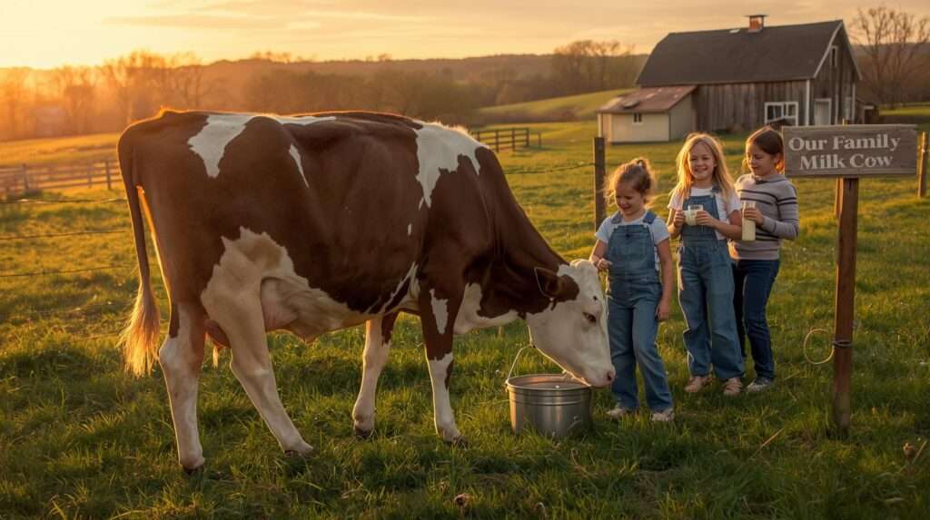Gentle Jersey family milk cow being milked by hand on a sunny homestead — fresh daily milk for the whole family with love and simplicity.