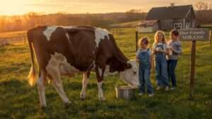 Gentle Jersey family milk cow being milked by hand on a sunny homestead — fresh daily milk for the whole family with love and simplicity.