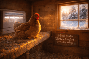 Inside a safe, well-ventilated chicken coop during a snowy US winter, showing the best winter chicken comfort kits keeping birds dry, healthy, and frostbite-free – featured image for “10 Best Winter Chicken Comfort Kits of 2026” guide.