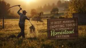 Homesteader using the best manual chopping tools to clear brush on a beautiful US homestead – featured image for “10 Best Manual Chopping Tools of 2026” guide.