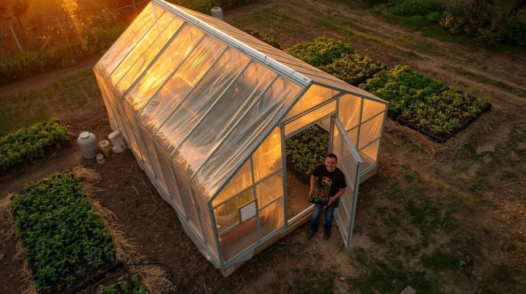 Affordable starter greenhouse built on a budget with Harbor Freight frame — starter greenhouses on a budget delivering season extension and healthy seedlings in a thriving homestead garden.