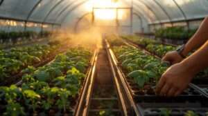 Healthy seedlings thriving in a new greenhouse with perfect light and humidity — using a new greenhouse wisely for successful seed starting and hardening off before transplanting outdoors.