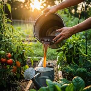 Gardener applying freshly brewed compost tea to healthy vegetable plants — using compost tea in the garden with simple brewing and proper dilution for thriving organic soil and stronger growth.