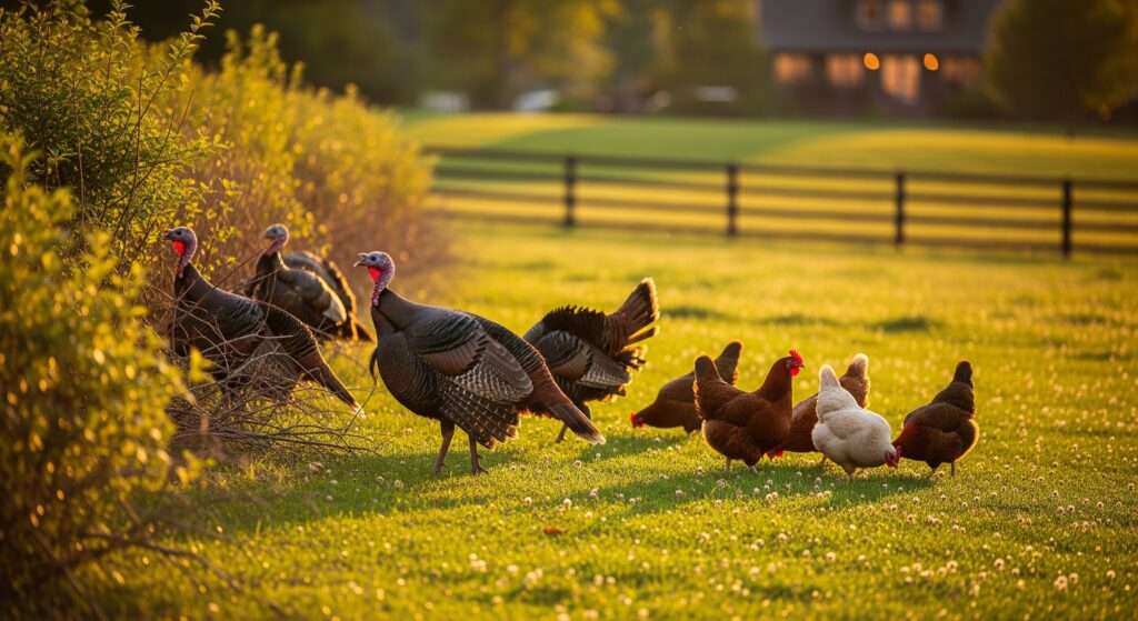 Heritage turkeys browsing brush while chickens graze grass on a homestead pasture — homestead turkey basics showing natural foraging differences and peaceful mixed-flock living.